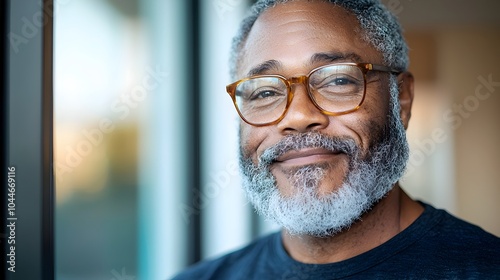 A content joyful man in glasses standing near a window as the indoor sunlight illuminates his face with a peaceful tranquil expression