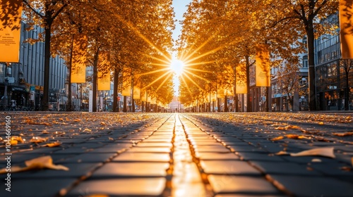 Sunlit boulevard with trees and banners urging voting, positive and colorful atmosphere, a bright scene of civic pride and engagement photo