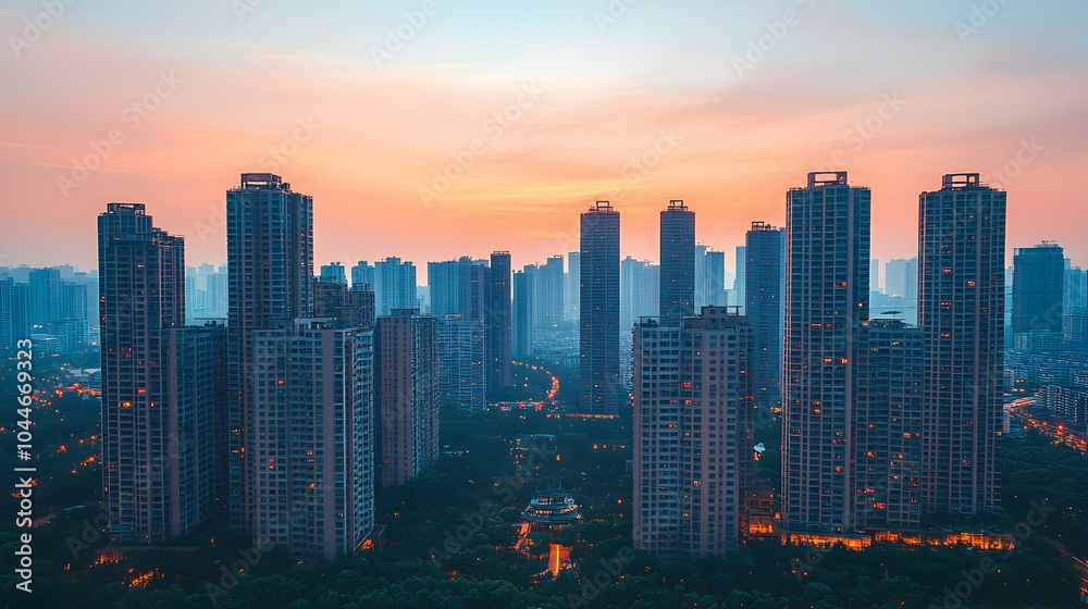 Obraz premium Cityscape with Skyscrapers at Sunset.