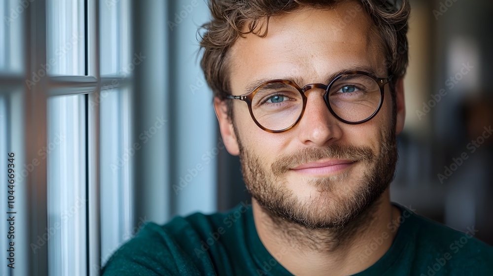 A cheerful man in glasses standing near a window basking in the warm soft rays of indoor sunlight with a delightful smile on his face radiating a sense of joy and relaxation