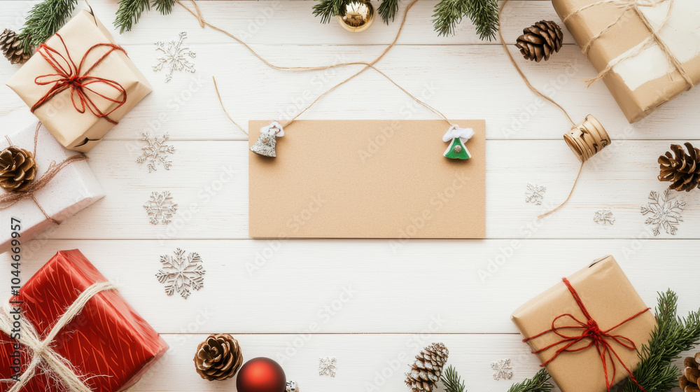 Festive holiday scene featuring wrapped gifts, pinecones, and blank card for messages. Perfect for seasonal greetings and celebrations