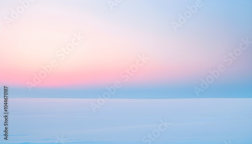 Illustration of a cold winter sunrise, represented by a minimalist gradient of soft pastel pinks and blues over a smooth, snow-covered horizon