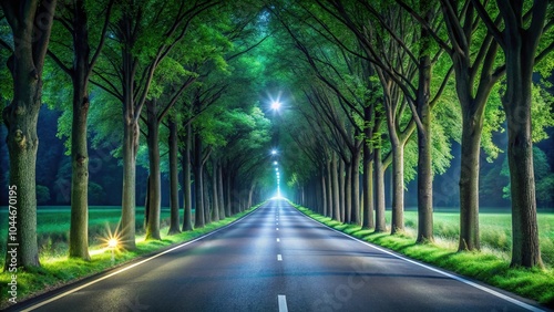 Symmetrical road lined with green trees at night