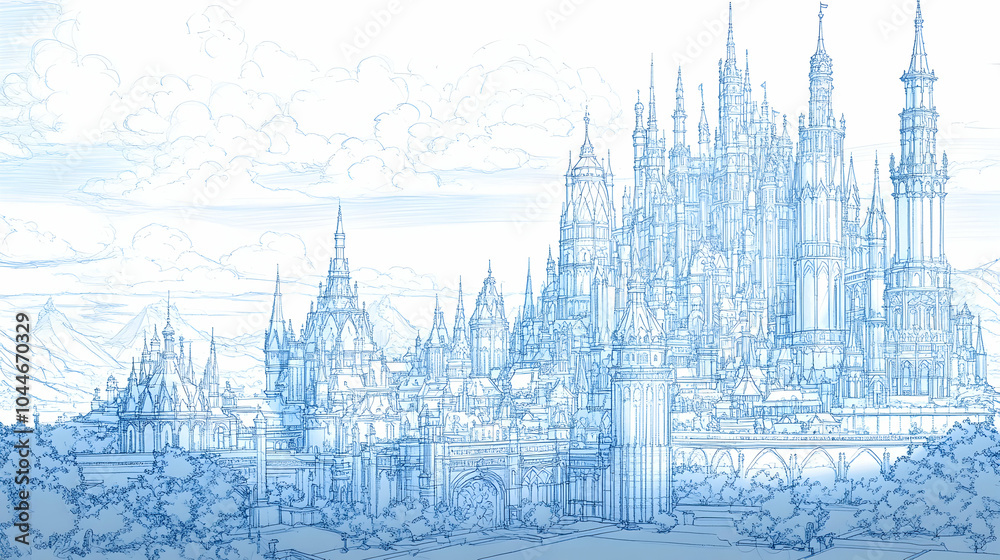 Fototapeta premium Detailed line drawing of a grand fairytale castle with a cloudy sky.