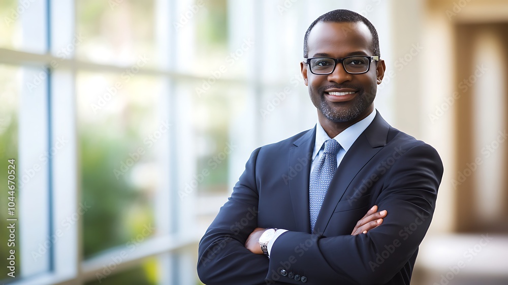 Successful African American businessman with glasses and blurred background of office windows smiling, business man in suit and tie Successful African American businessman with glasses and blurred background of office windows smiling, business man in suit and tie