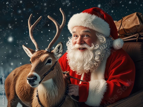 santa claus on the roof,santa claus in the snow,santa claus with reindeer and gifts