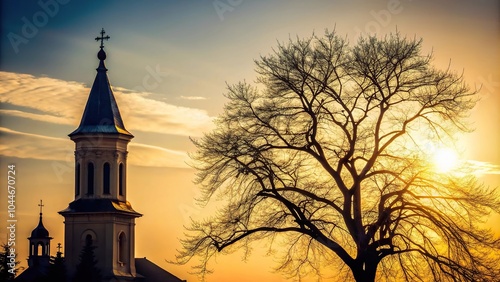 Silhouette of church tower and tree in springtime Bucharest Europe