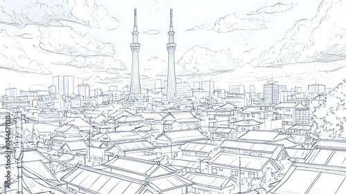 Hand-drawn sketch of a city skyline with two tall towers.