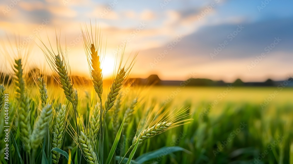 A picturesque and serene wheat field bathed in the soft warm glow of the evening light with the stalks gracefully swaying in the gentle breeze creating a captivating and harmonious natural scene