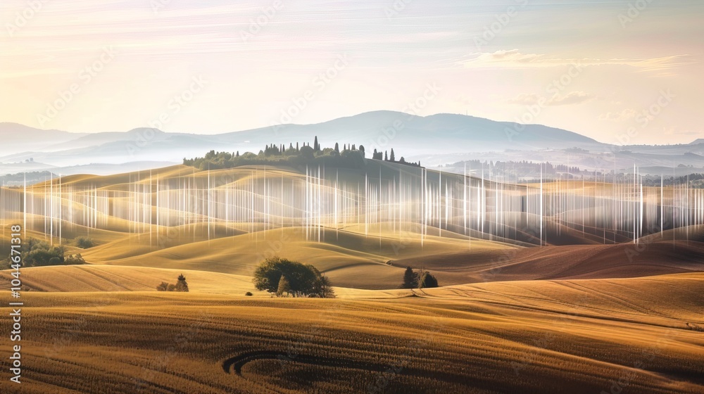 Fototapeta premium Sound waves radiating across a serene landscape, symbolizing the interconnectedness and harmony of natural and auditory elements.