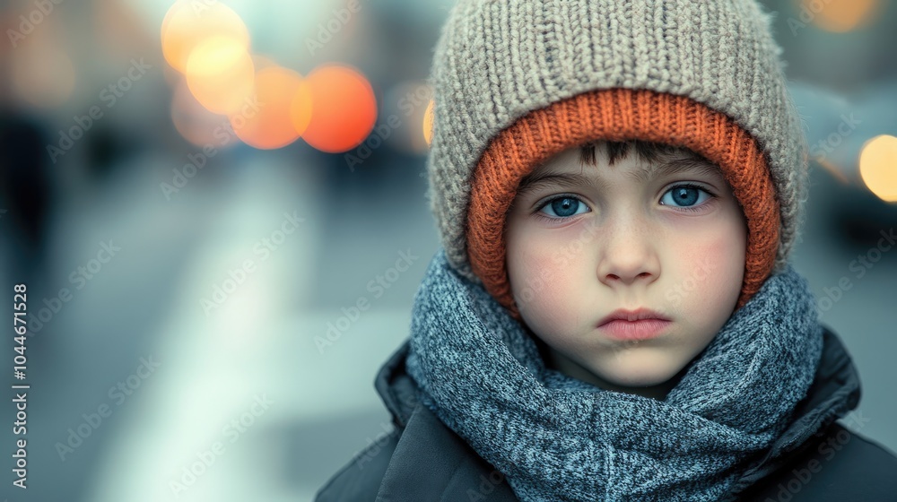 Young homeless boy feeling distressed on an urban street A child in poverty stands against a backdrop of city life symbolizing themes of fleeing or escaping from home