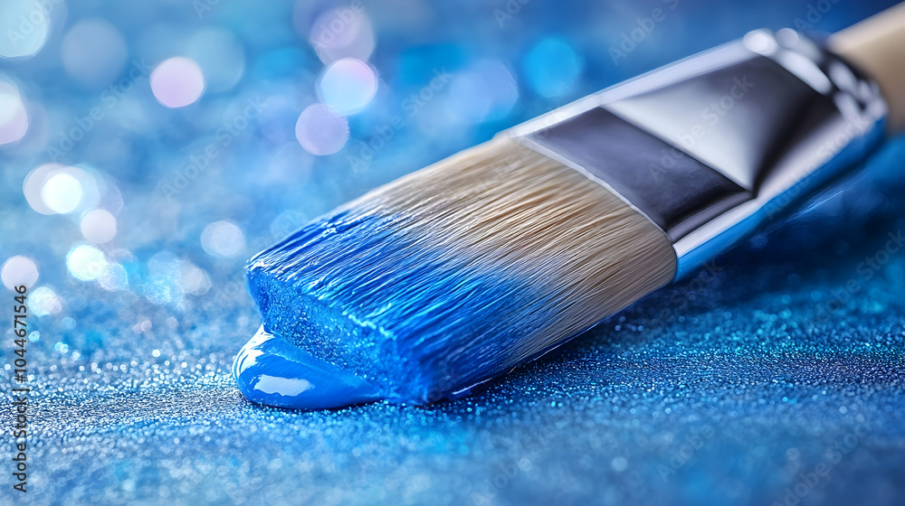 Fototapeta premium Paintbrush with blue paint dripping on a blue background.