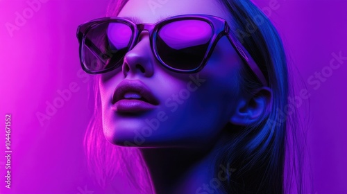 Stylish girl in neon holographic sunglasses under modern violet studio lighting