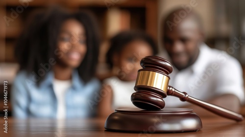 Wooden gavel with an African American family and child in the background anticipating a judge s decision related to child custody and family law concepts photo