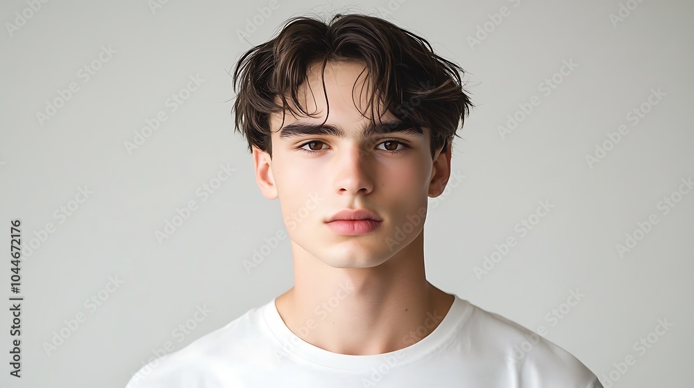 Young male model, handsome man in white T-shirt with gray background, white skin male Young male model, handsome man in white T-shirt with gray background, white skin male