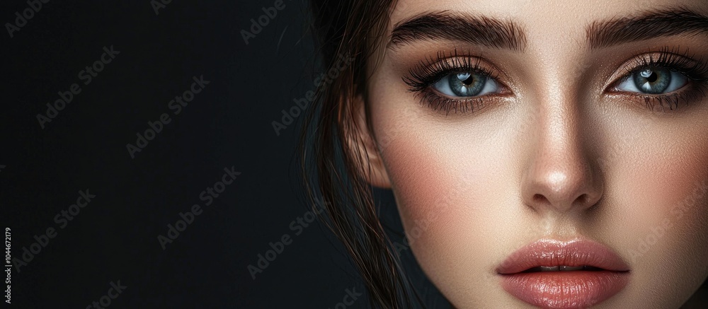 Beauty Face Of Model Girl Eye Make Up Perfect Skin Close Up Studio Portraitover Dark Background Beauty Face Of Model Girl Eye Make Up Perfect Skin Close Up Studio Portraitover Dark Background