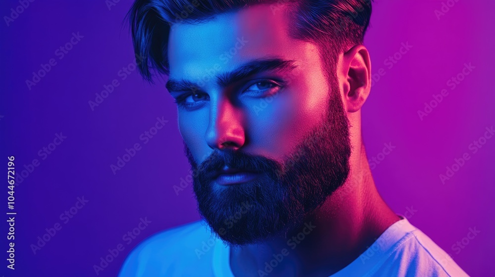 Neon lit studio portrait of a serious male model featuring a trendy hairstyle and beard wearing a plain white t shirt Neon lit studio portrait of a serious male model featuring a trendy hairstyle and beard wearing a plain white t shirt