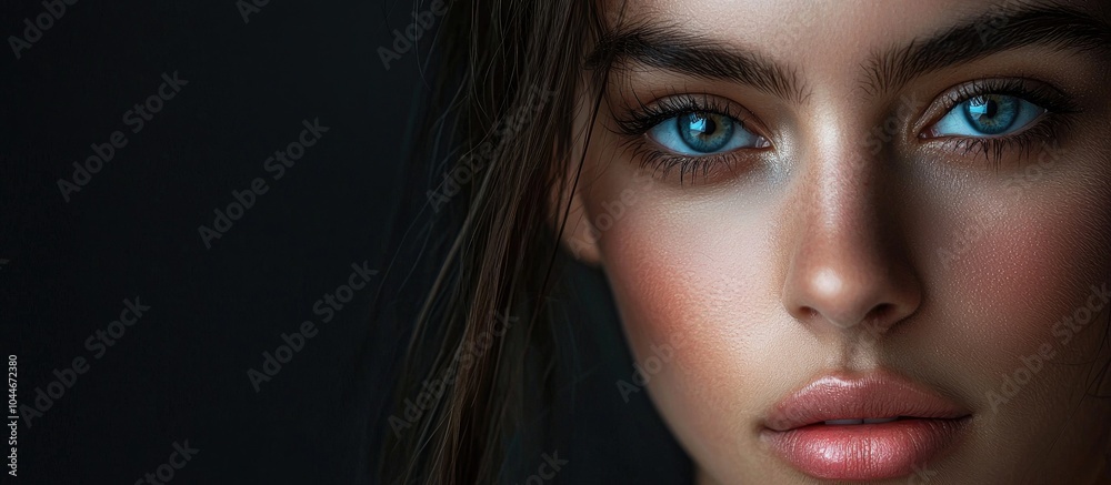 Beauty Face Of Model Girl Eye Make Up Perfect Skin Close Up Studio Portraitover Dark Background