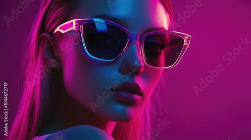 Stylish girl in neon holographic sunglasses under modern violet studio lighting