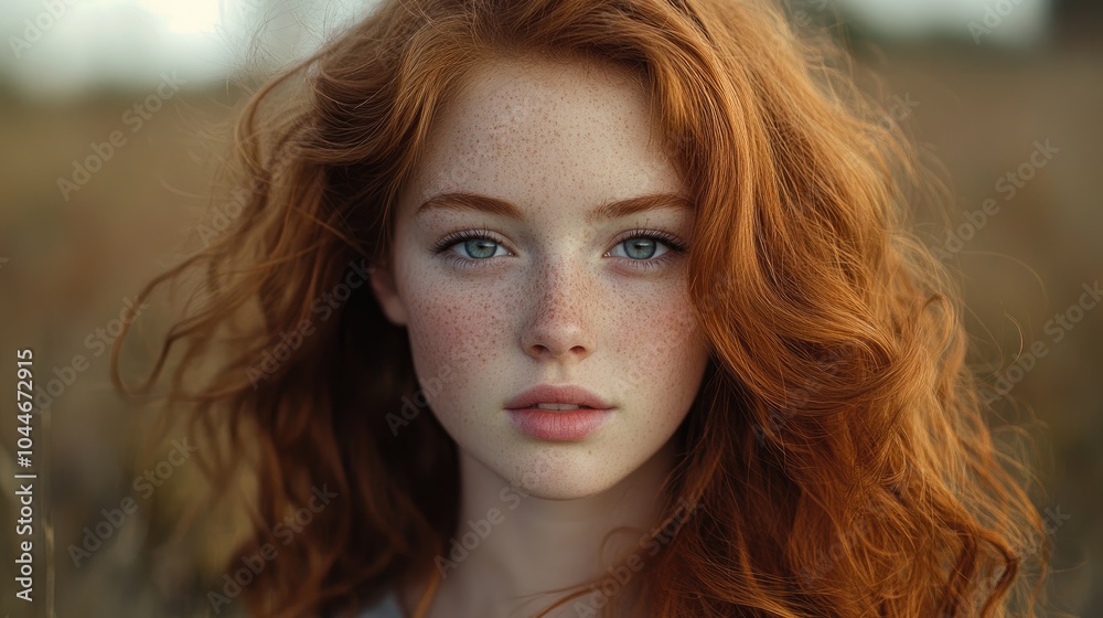 Portrait of a young attractive girl with wavy red hair gazing directly at the camera Portrait of a young attractive girl with wavy red hair gazing directly at the camera