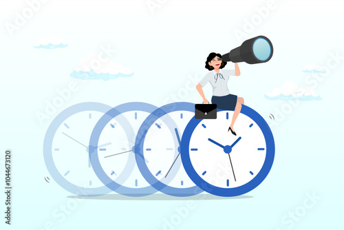 Time management, vision or effort to manage project and foresee problem or opportunity, work deadline or timer countdown, progress or development concept, businesswoman riding time passing clock