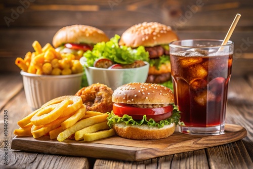 Close up of fast food snacks and drink on table