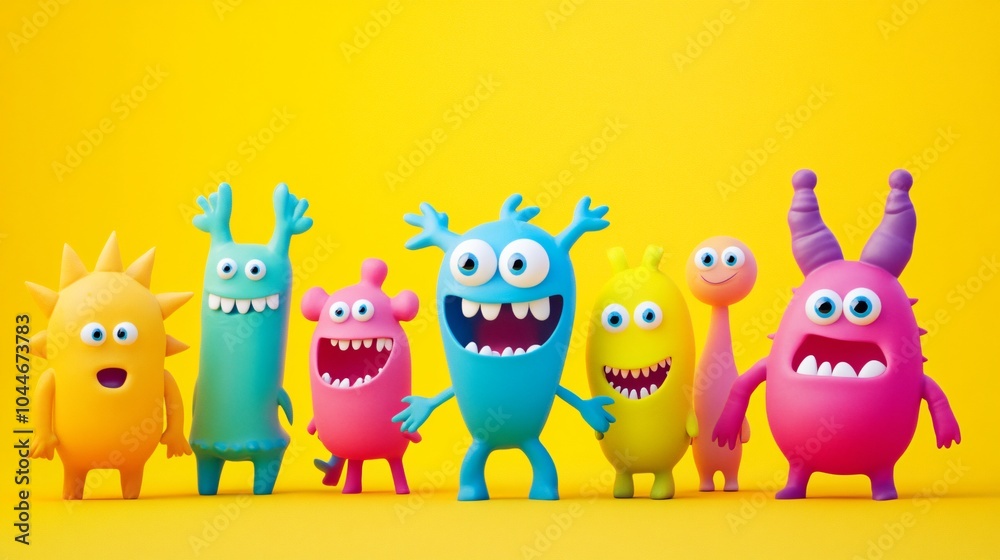 A colorful group of cheerful cartoon monsters posing together against a bright yellow background, perfect for fun and playful themes. A colorful group of cheerful cartoon monsters posing together against a bright yellow background, perfect for fun and playful themes.