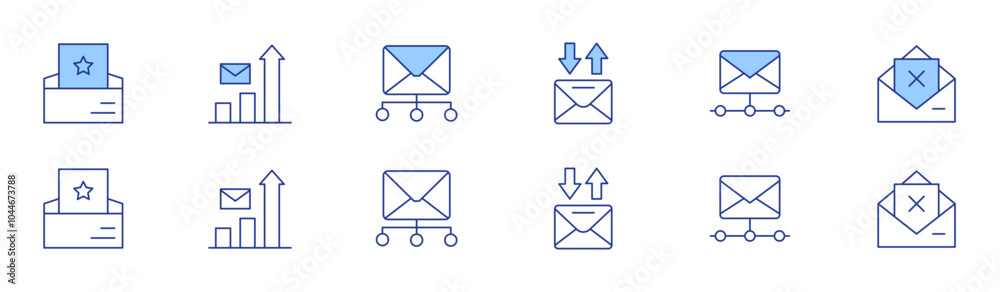 Mail icon set in two styles, Duotone and Thin Line style. Editable stroke. email, newsletter, rejection, stats, web mail Mail icon set in two styles, Duotone and Thin Line style. Editable stroke. email, newsletter, rejection, stats, web mail