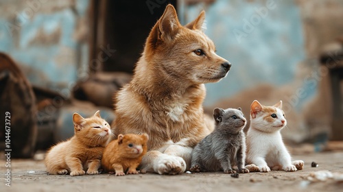 A charming scene featuring a dog and playful kittens, showcasing their adorable friendship and the joy of companionship. photo