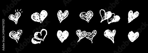 Set of white hearts signs drawn by wax pencil. Love symbols in doodle style. Collection of hand drawn kid hearts elements for valentine card or rock, hip hop music poster design. Vector illustration