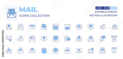 Mail icons collection. Line Duotone style, editable stroke. email, mail, success, email marketing, folder, letter, attachment, message, forward message, flag, protected