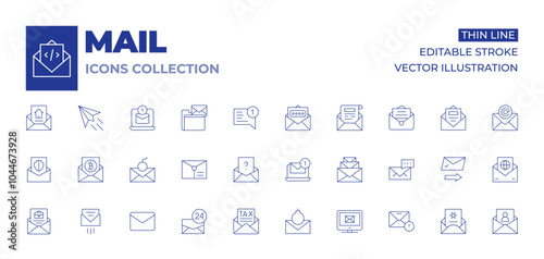 Mail icons collection. Thin Line icons, editable stroke. bitcoin, email, mail, bomb, business, emails, letter, question, receive, tax, test results