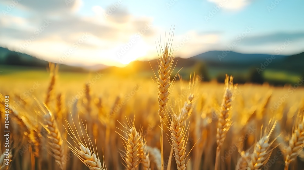 Expansive golden wheat field bathed in warm evening light gently swaying and rippling in the soft soothing breeze as the day comes to a peaceful close over the serene countryside landscape Expansive golden wheat field bathed in warm evening light gently swaying and rippling in the soft soothing breeze as the day comes to a peaceful close over the serene countryside landscape