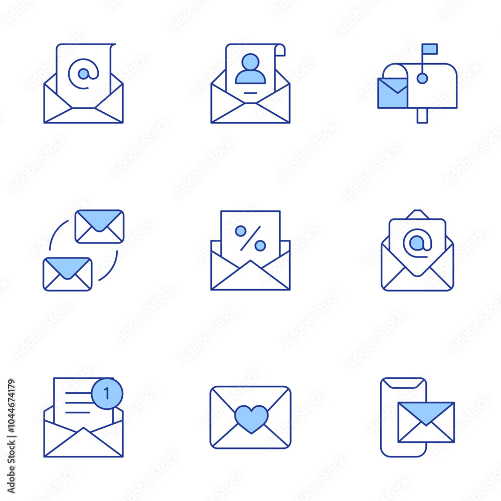 Mail icons set. Line Duotone style, editable stroke. email, envelope, mail, mailbox, conversation Mail icons set. Line Duotone style, editable stroke. email, envelope, mail, mailbox, conversation