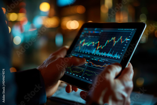 Financial graphs and charts emerging from a digital tablet in a trader's hands