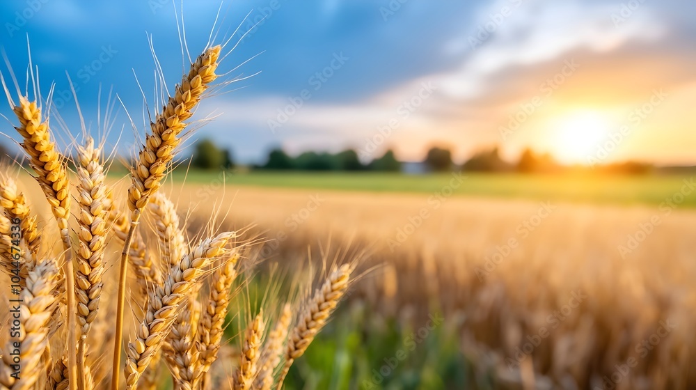Peaceful wheat field bathed in the soft glow of the evening light with the gentle breeze making the golden stalks sway gracefully across the picturesque countryside landscape Peaceful wheat field bathed in the soft glow of the evening light with the gentle breeze making the golden stalks sway gracefully across the picturesque countryside landscape