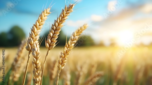 Mesmerizing golden wheat field illuminated by the warm glow of the setting sun with the gentle breeze causing the stalks to sway gracefully in a peaceful rural landscape