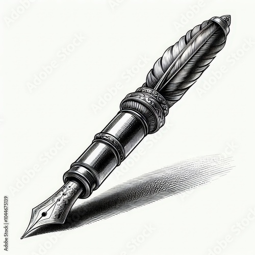 Fountain pen with a scroll, elegant writing instrument sketch engraving. Black and white image.