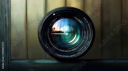 A close-up of a camera lens with a reflection of a cityscape and sunset.