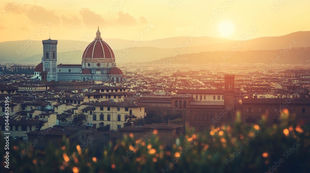 Fototapeta premium Breathtaking sunset over Florence's skyline, highlighting the iconic dome and historic architecture, capturing the essence of Italy.