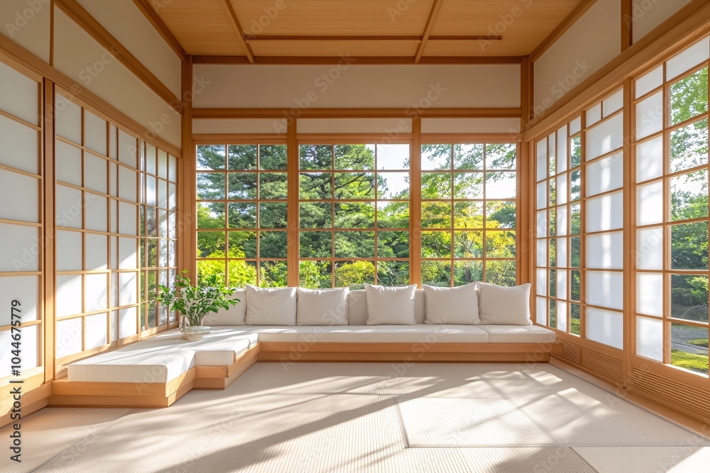 Naklejka premium Serene Japanese Room with Shoji Screens and Tatami Mats