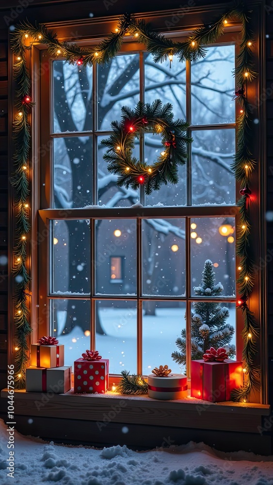 Indoor Cozy window with Christmas decor and warm light - inside view in winter and snow. celebrate Christmas and New Year, Christmas tree, bokeh, snow. Indoor Cozy window with Christmas decor and warm light - inside view in winter and snow. celebrate Christmas and New Year, Christmas tree, bokeh, snow.