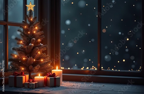 Indoor Cozy window with Christmas decor and warm light garlands and candles - inside view in winter and snow with spase for text. Celebrate Christmas and New Year, Christmas tree, bokeh.  photo