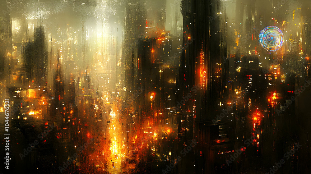 Fototapeta premium A futuristic city with tall buildings and glowing lights, creating a surreal and otherworldly atmosphere.