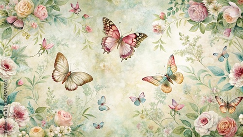 symmetrical vintage floral wallpaper, delicate butterflies, soft pastel colors