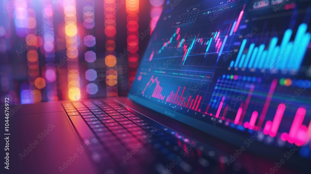 Closeup of a laptop displaying financial charts and graphs with blurred bokeh lights in the background. Closeup of a laptop displaying financial charts and graphs with blurred bokeh lights in the background.
