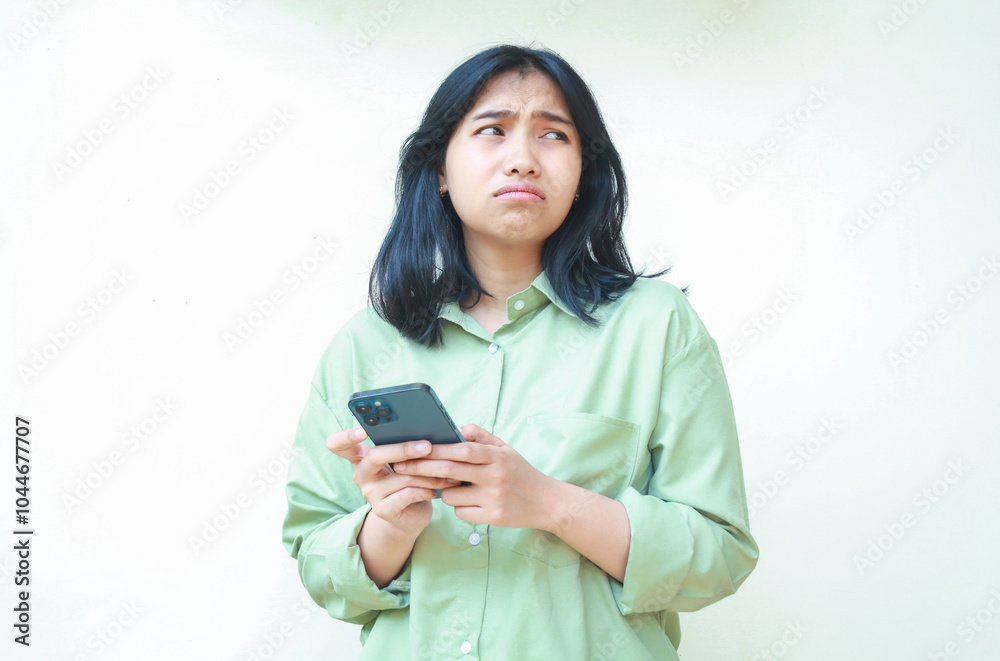 portrait of unhappy asian woman wearing over size green clothes look away showing sad gloomy face expression confused using smartphone apps and online shopping isolated on white background portrait of unhappy asian woman wearing over size green clothes look away showing sad gloomy face expression confused using smartphone apps and online shopping isolated on white background