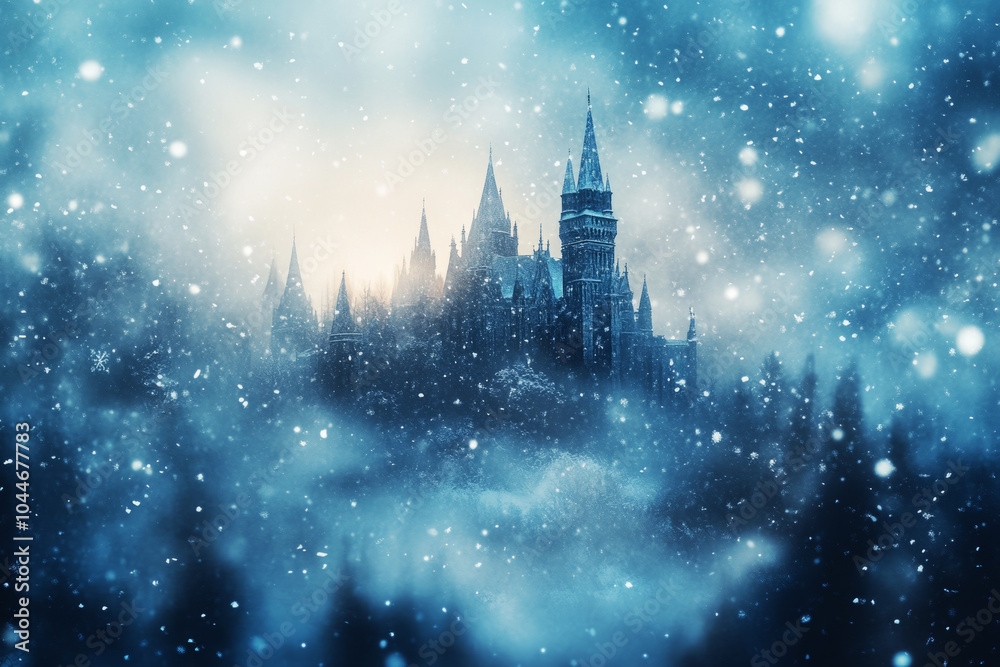 Fototapeta premium Snowfall scene with falling snowflakes, featuring a blurred background of a snow-covered Gothic castle in the distance