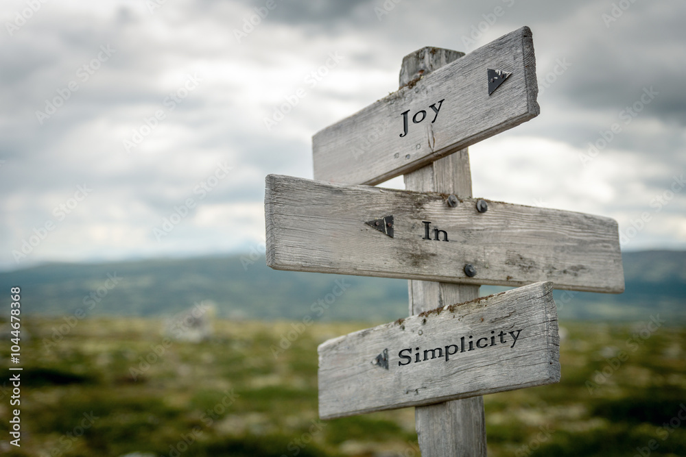 joy in simplicity text quote written on wooden signpost at the crossroads outdoors in nature. joy in simplicity text quote written on wooden signpost at the crossroads outdoors in nature.