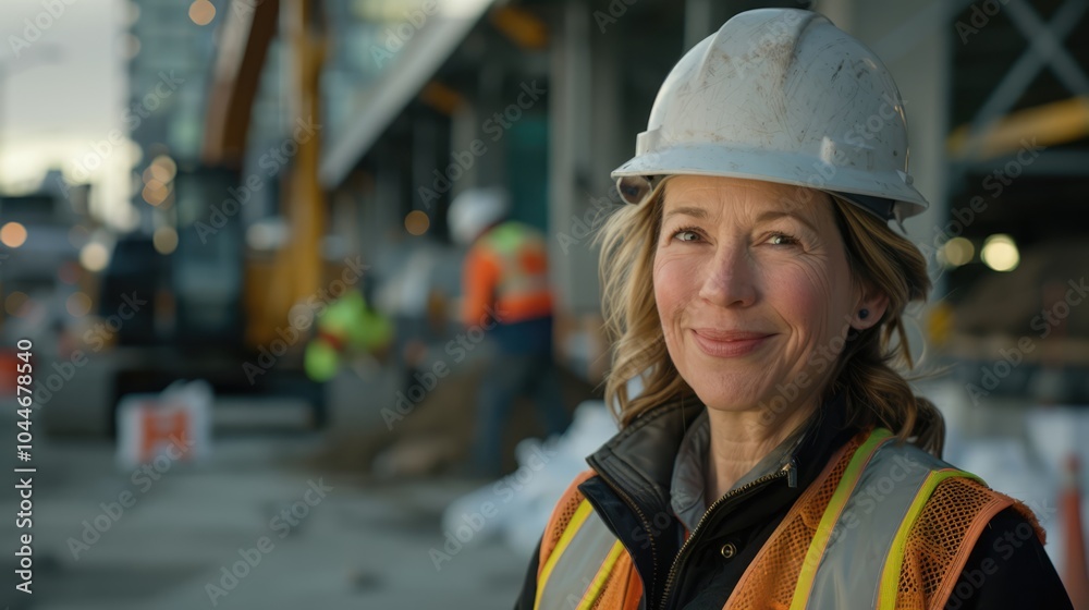 Portrait of a female construction worker in a hard hat smiling at the camera. Portrait of a female construction worker in a hard hat smiling at the camera.